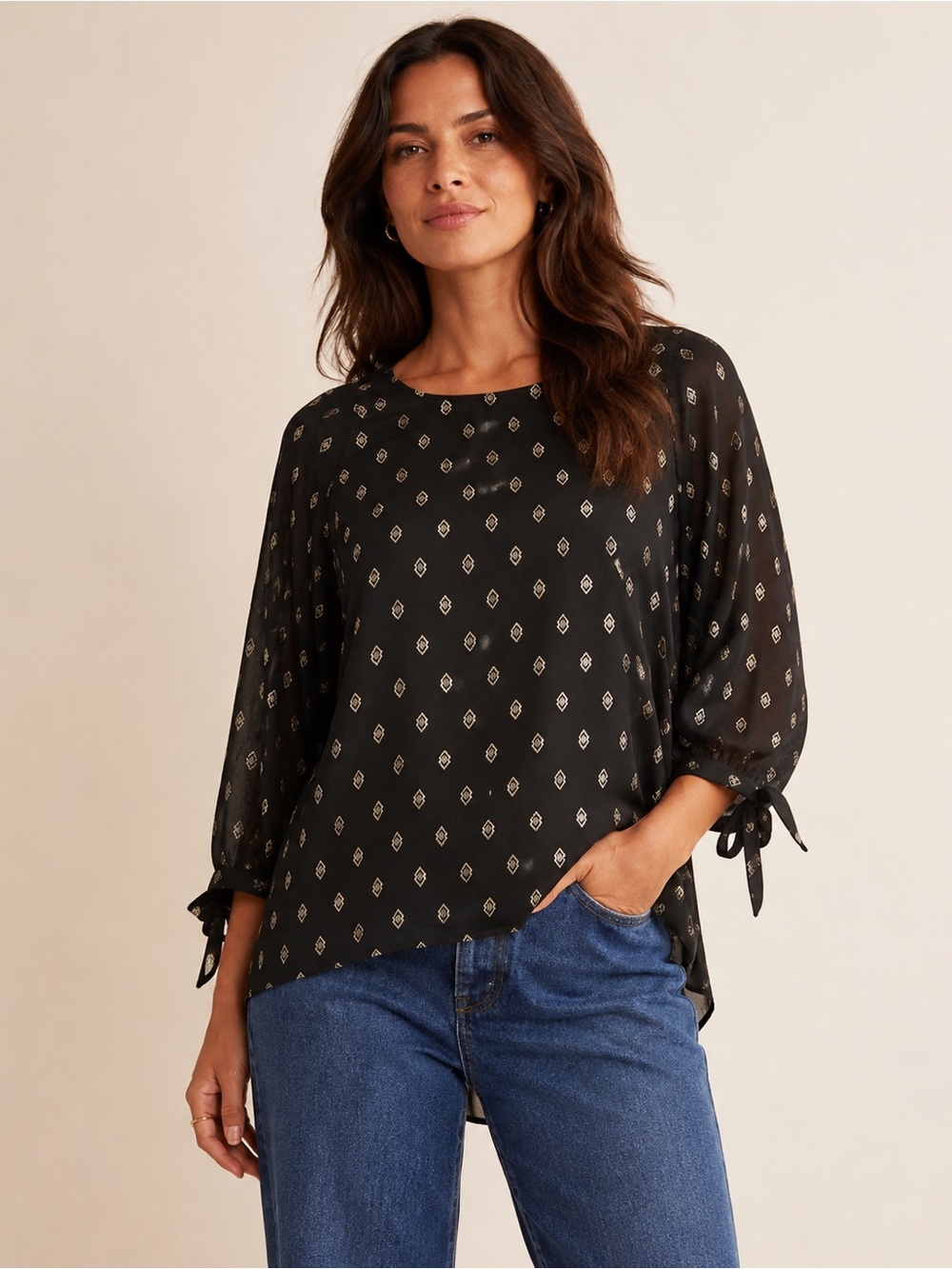 Papermoon Black Metallic Geometric High Low Blouse Tie Sleeve Zip Back